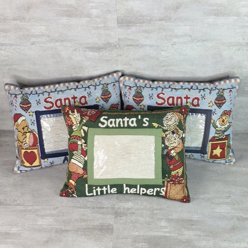 3 Santa's Christmas tapestry pillows Teddy Bear Elf clear picture Pocket 4x6 Vtg